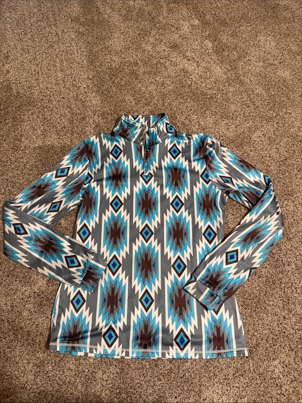 Aztec Print Quarter-Zip Pullover in Teal & Gray